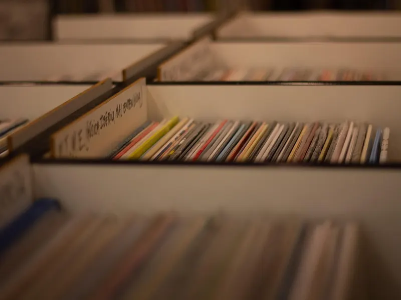 A vinyl record storage crate