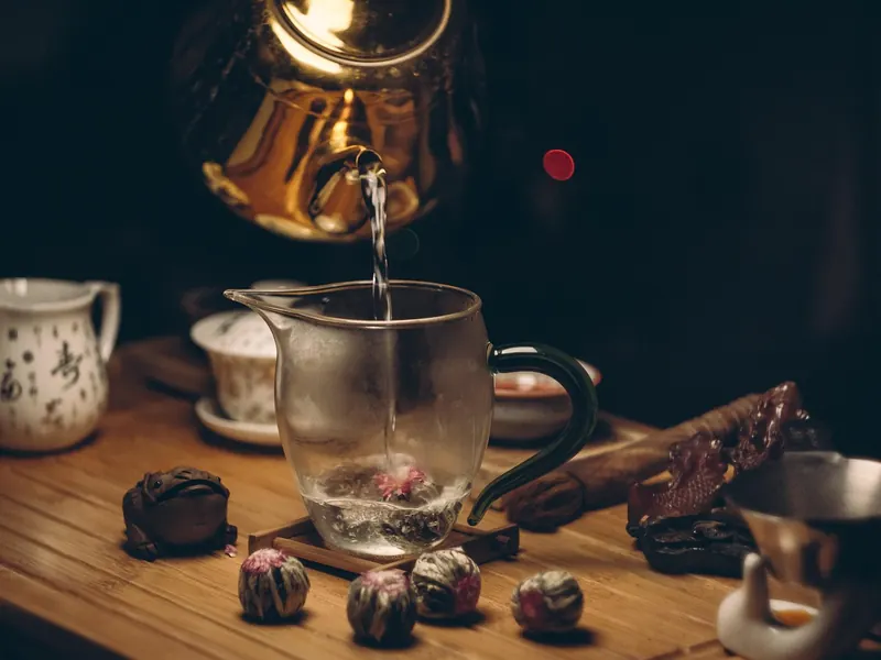 A glass teapot with infuser